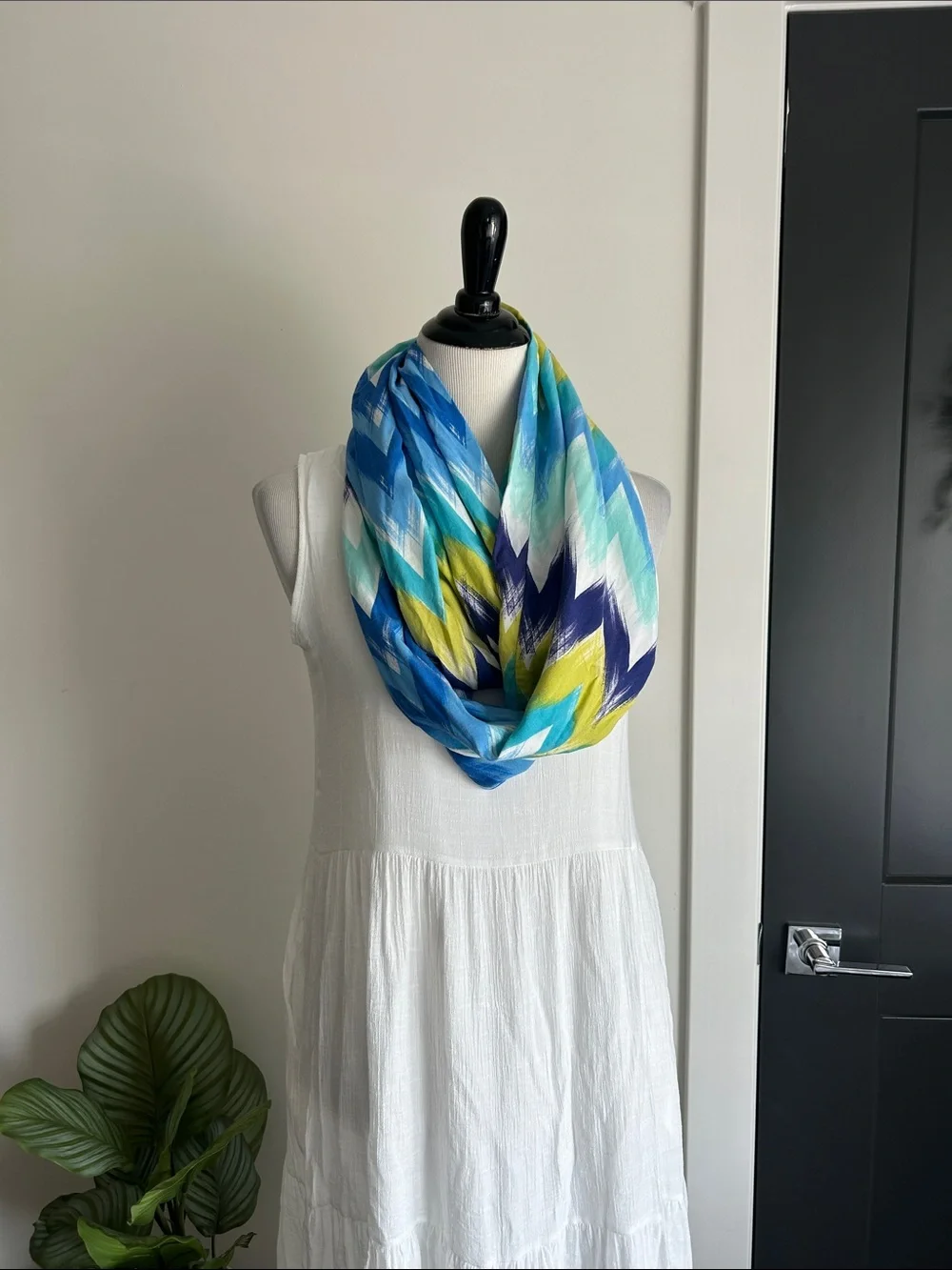 Colorful infinity scarf purple yellow blue turquoise white